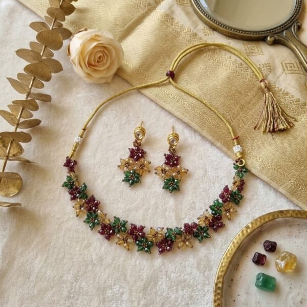 "Royal Garden" Red, Green & Gold Crystal Floral Choker Set